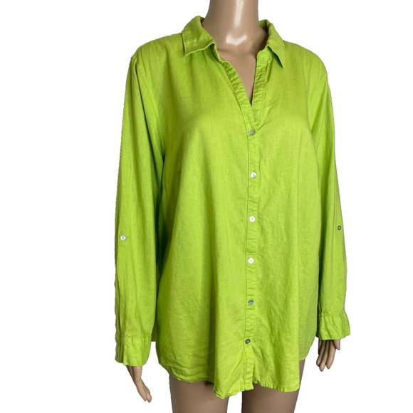 Women's 2X Martha Stewart Green Button Down Linen Blend Shirt - Picture 2 of 5